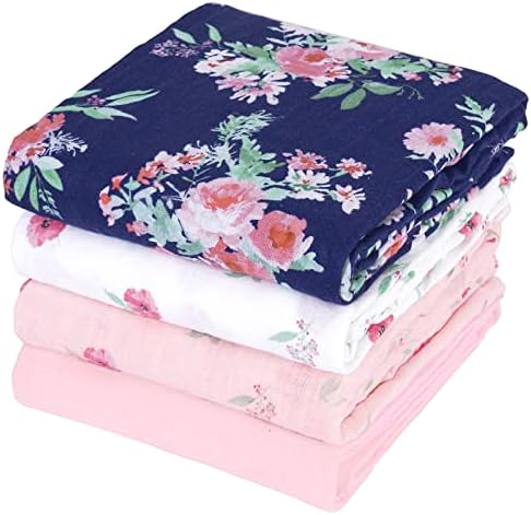 david's kids 4 Pack Baby Muslin Swaddle Blankets, 100% Cotton Swaddling Blankets Wrap for Girls, Ultra Soft Breathable Receiving Blanket, New Born Essentials, Floral Flowers/Pink