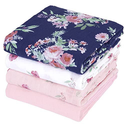 Image of david's kids 4 Pack Baby Muslin Swaddle Blankets,100% Cotton and Ultra Soft Breathable Receiving Blanket Wrap for Girls, New Born Essentials, Large 47 x 47 inches, Floral Flowers/Pink