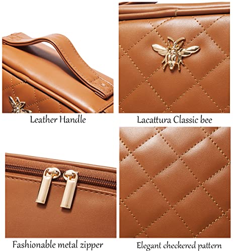 Lacattura Travel Makeup Bag For Women, Vegan Leather Cosmetic Bag, Waterproof Toiletry Organizer, Make Up Bag With Adjustable Dividers And Brush Holder, Portable Beauty Storage Bags For Girls, Brown #TOP3