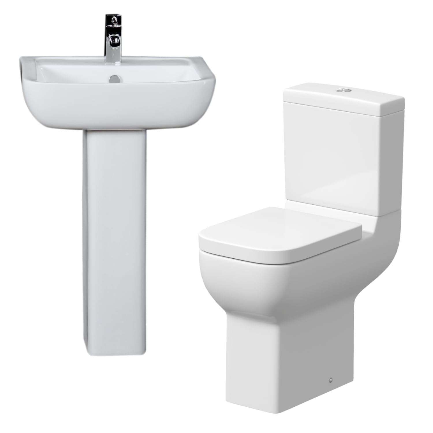 BAYSTONE® Amelie Cloakroom Bathroom Suite Close Coupled Toilet WC Comfort Height Rimless Pan Cistern Basin Full Pedestal Soft Close Freestanding Modern White