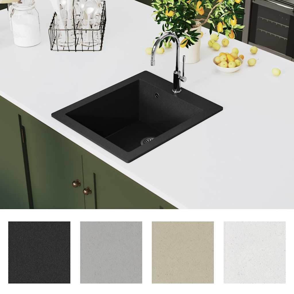 Fregadero De Cocina De Granito con Cubeta Extra Profunda, 80% Cuarzo y 20% Resina, Resistente y Compacto, kitchen sink, Fregadero Bajo Encimera, Apto Para Cocinas y Lavaderos, Negro, 425x500 mm