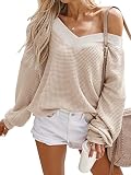 ADREAMLY Damen Langarm Schulterfrei Jumper Waffelstrick Lose Sweatshirt Pullover Oberteil Tops Hemd Oversize(Beige,L)