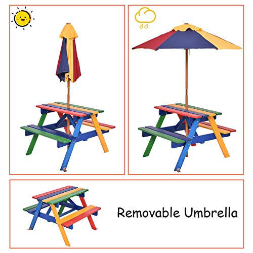 Kotek Kids Picnic Table With Umbrella Foldable & Removable, Outdoor Fir Wood Table And Benches For Eating & Playing, Toddler Activity Table For Backyard, Patio & Garden, Gift For Ages 3-8 (Rainbow) #TOP2