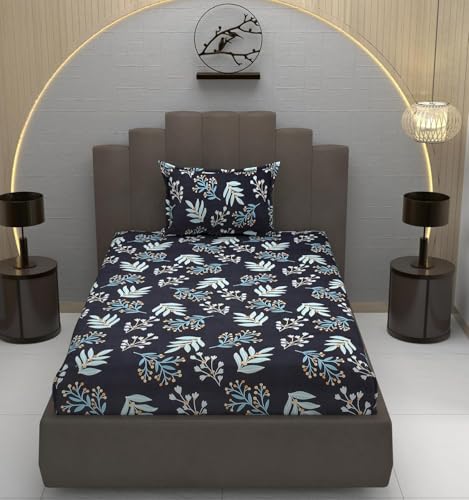 Image of KAWI Single Bedsheet Elastic Fitted 72X48X6 Inches Glace Cotton with 1 Pillow Cover (72 inchX 48 inchXup to 8 Inche Mattress) Blue Colour