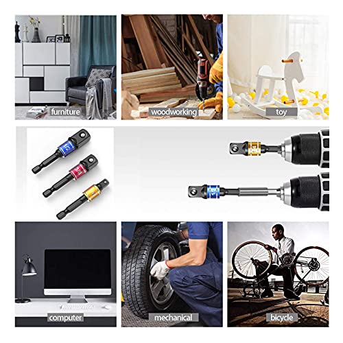 Impact Grade Socket Adapter Set - 3 Pcs Extension Drill Bit Socket Wrench Adapter for Impact Driver 1/4 3/8 1/2" Drive, 105 Degree Right Angle Drill Attachment for Household Workplace Industry