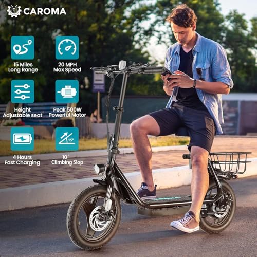 Caroma Peak 500W Electric Scooters Adults, 14\" Tire, 15Miles Range, 20MPH Top Speed, Adjustable Electric Scooter with Seat, Commuter Ebike for Adults&Teens