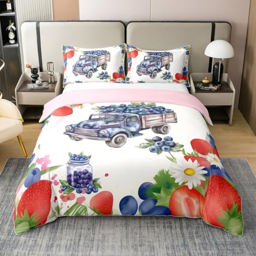Cotton Kids Fruits Duvet Cover Queen for Kids Girls,Watercolor Strawberry Blueberry 3 Pieces Duvet Cover,Cartoon Blueberry Truck Comforter Cover (Not Comforter),Rustic Leaves Flowers Quilt Cover