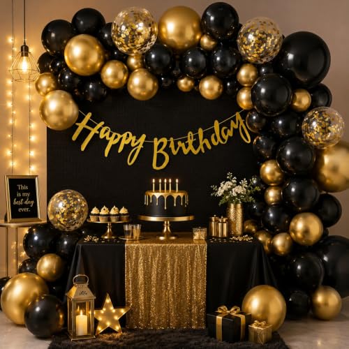 Image of Black and Golden Balloons Birthday Decoration Kit - 37Pcs for Men, Boys, Husband, Golden Balloons for Birthday, Happy Birthday Banner | Black Theme Decoration | Gold Theme Decoration