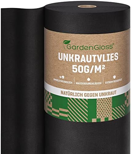 GardenGloss Unkrautvlies Gartenvlies 50g/m2 - (50m x 1m, Rolle) | Unkrautvlies Gartenvlies gegen Unkraut - Unkrautfolie Wasserdurchlässig - Reißfestes Unkrautflies - Hohe UV-Stabil