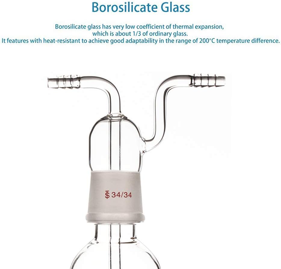 stonylab Gas Washing Bottle, Borosilicate Glass 34/34 Stopper Gas Bubbler Gas Washing Bottle with Fritted Disc and 8 mm OD Inlet/Outlet Hoses, 500 ml