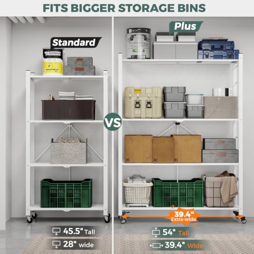 Image of DEANIC 4 Tier Foldable Storage Shelves with Wheels, Large Capacity Shelving Unit, Freestanding Metal Wire Shelf Rack, No Assembly Organizer Rack for Garage Kitchen, Basement, Pantry (1, White-Plus)
