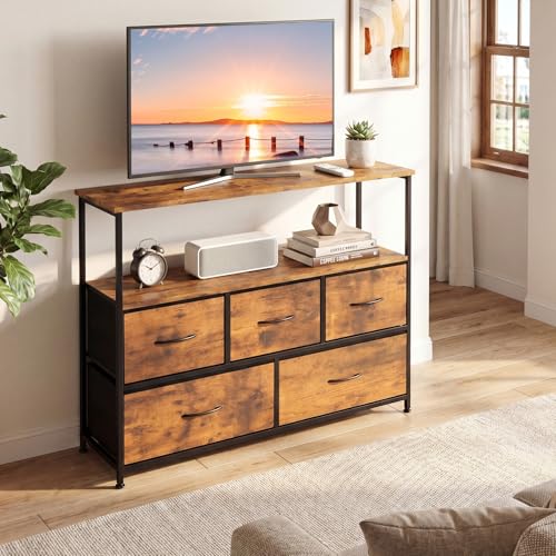 Giantex TV Stand for 45 Inch TV, 5 Fabric Drawer Entertainment Center with Open Shelf