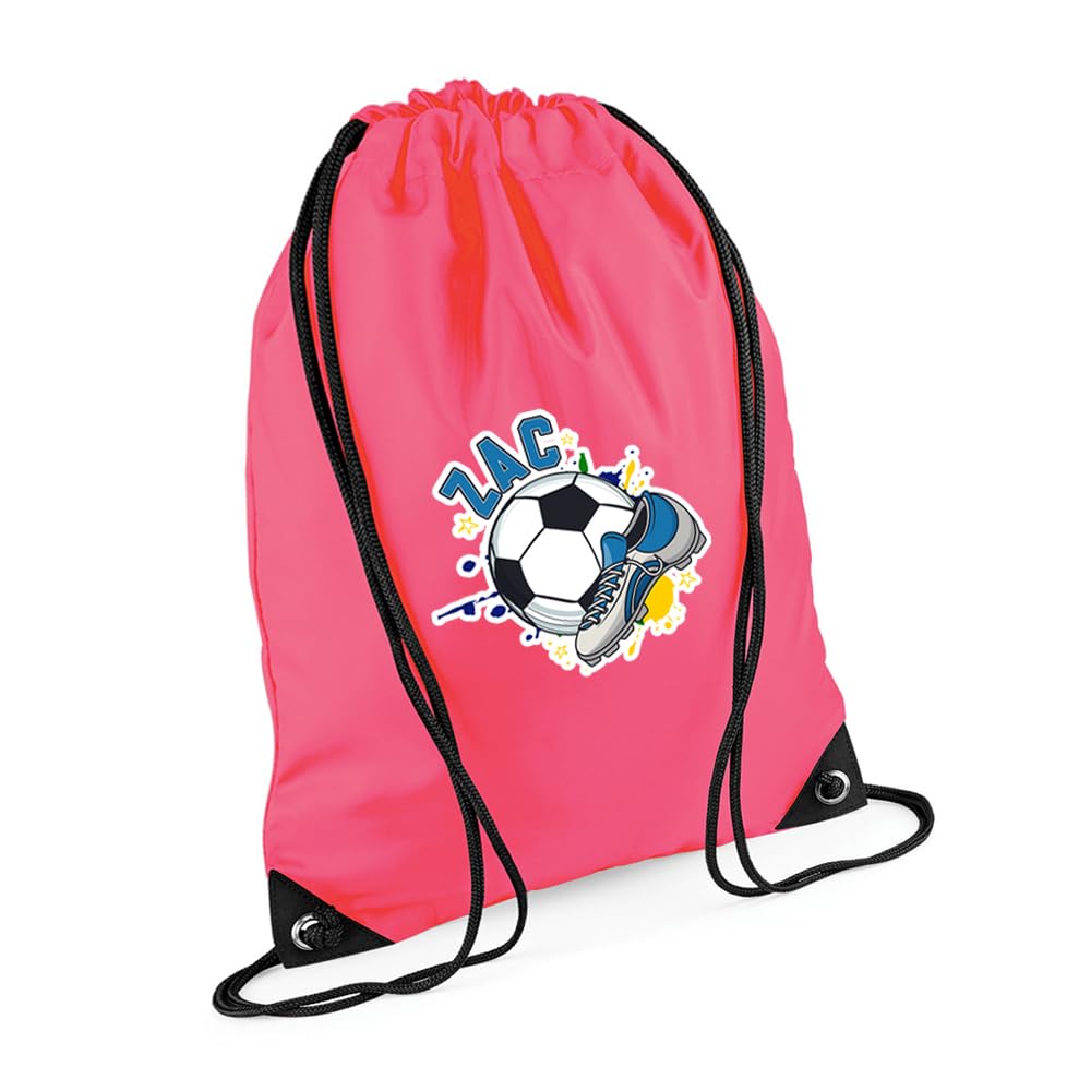 Personalised footballer Bag Gift, Best Football Player Gift, Football Game Gift, Drawstring Bag, PE Gym Kit Swimming, Sport Rucksack. (Fluorescent Pink)