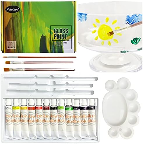 Halobios 12 Color Glass Paint, Non-toxic High Saturation Color Glass Pigment, Glass Paint for Decorative Design, Includes Palette and Brush