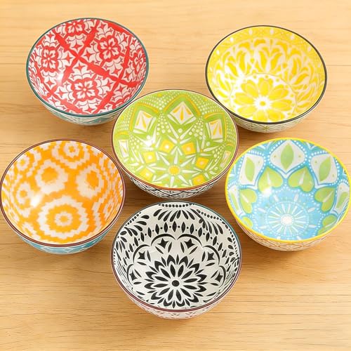 Alayphnic Ceramic Bowl Set Small Bowls Rice Bowl with Gift Box Bohemian Style Pottery Bowls for Rice Soup Dessert Ice Cream Snacks & Side Dishes Microwave & Dishwasher Safe 10oz/300ml Set of 6