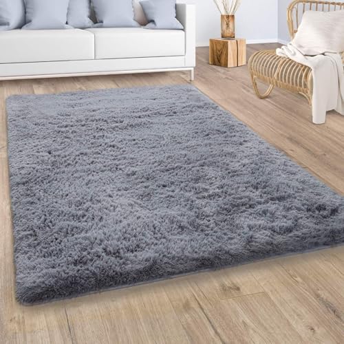 Paco Home Tappeto Salotto Pelo Lungo Soggiorno Pelliccia Finta Shaggy Morbido Monocolore, Dimensione:140x200 cm, Colore:Grigio