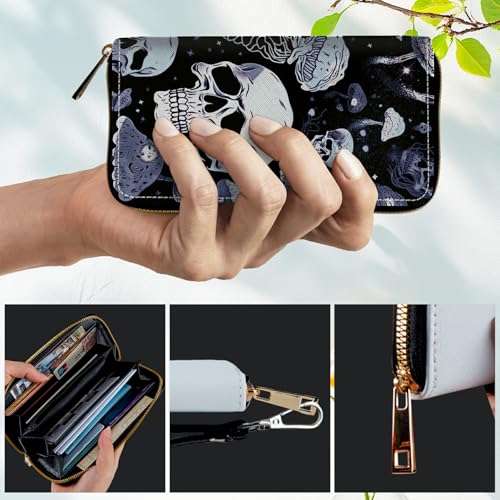 Women's RFID Blocking Wallet PU Leather Slim Bifold Wristlet Clutch with Large Capacity,16 Card Slots & Zipper Coin Purse Pocket Ladies Travel Purse Wristlet,Skull Mushrooms4
