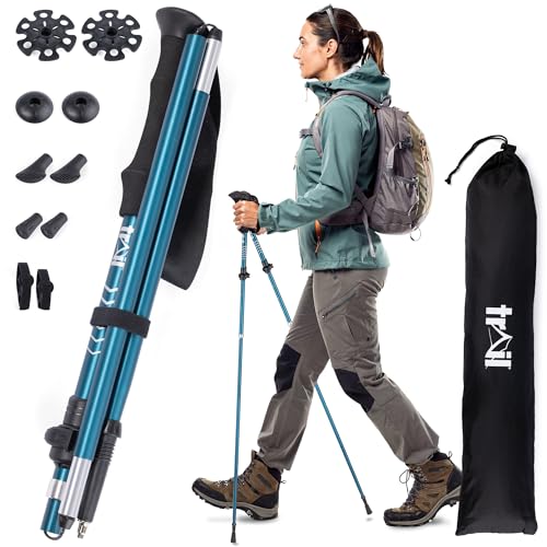 Trail Folding Walking Poles 2 Pack – Lightweight Aluminium Trekking & Hiking Sticks, Adjustable Fliplock Design, Tungsten Tips with Mud, Snow, Rubber & Boot Attachments for All Terrains, 120–135cm