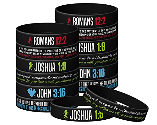(12-Pack) Christian Inspirational Bible Bracelets, Christian Wristbands for Guys, John 3:16, Romans 12:2, and Joshua 1:9 - Religious Bible Gifts for Him Christian Men