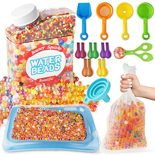 SOUDD Wasserperlen für Kinder Ungiftig, Abbaubar Water Beads Set Enthält 50000 Wasserperlen, 5 Werkzeuge, 10 Luftballons, 1 Luftkissen, 1 Trichter,1 Netzbeutel, für Vasenfüller Hochzeits Dekoration Cover