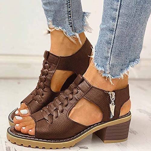 Ujicde Women's Comfy Wedge Orthotic Sandals, Summer Fashion Casual Peep Toe Cutout Zipper Chunky Heeled Sandals Shoes (Color : Brown#1, Size : 39)