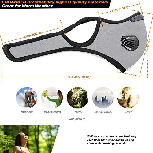 Masque anti-poussière anti-pollution pour sport avec 3 filtres à charbon actif et 2 valves anti-poussière - Pour moto, cyclisme, course à pied, évacuation des fumées (gris) - Image 5