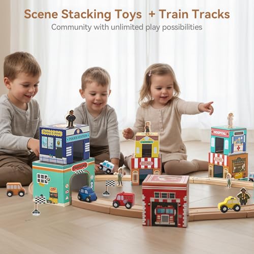Image of 3-in-1 Sorting and Stacking Toys for Toddlers | Wooden Community Helpers, Nesting Boxes & Vehicle Track | Montessori Preschool Learning Toys Gift for 2 3 4 Year Old Boys Girls