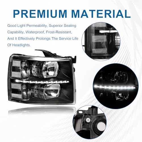Fullux LED DRL Headlights Assembly fit 07-13 Chevy Silverado 1500 2500HD 3500HD NOT Fit 2007(Old Body) Classic Models Halogen Headlamp Clear Reflector Black Housing by Fullux - Image 3