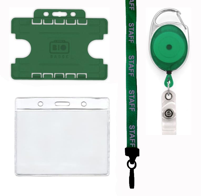 Complete 4 Piece Staff ID Badge Set PCL Media ltd Includes Staff Lanyard, Retractable Badge Reel, & Badge Pocket & Bio Double Sided ID Card Badge Holder (Staff Green)