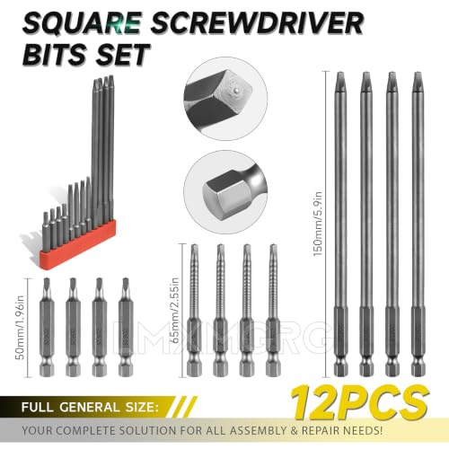 Image of Square Drive Bits 12pcs Magnetic Square Head Screwdriver Bits SQ2 High Magnetic Drill Bit Set (50mm 65mm 150mm) for Power Screwdriver Drill Impact Driver