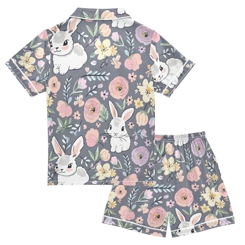 ALAZA Cute Rabbit Bunny Flower Easter Pajamas Satin Pajama Set Short Sleeve Button Down Sleepwear2
