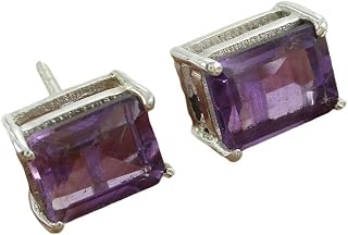 Sterling Silver 925 Ear Stud For Womens Natural Amethyst Stud Earrings Sterling Silver Ear Stud February Birthstone Cushion Gemstone Art Deco Stud Earrings