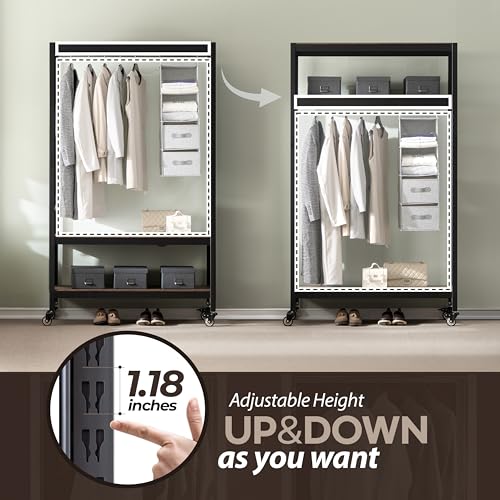 HOMEDANT Heavy Duty Boltless Rolling Garment Rack with Wheels Shelf Adjustable Metal Shelving Hanging Clothes Storage Portable Wardrobe Clothing Shelves Black 1 Rod