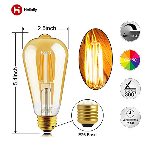 Helloify Light Dimmable Edison, Vintage Antique Style St19(St64) Led Filament Bulbs, 60W Incandescent Equivalent, 2500K(Amber Glass) Warm White, E26 Medium Screw Base, 6 Count (Pack Of 1) #TOP2