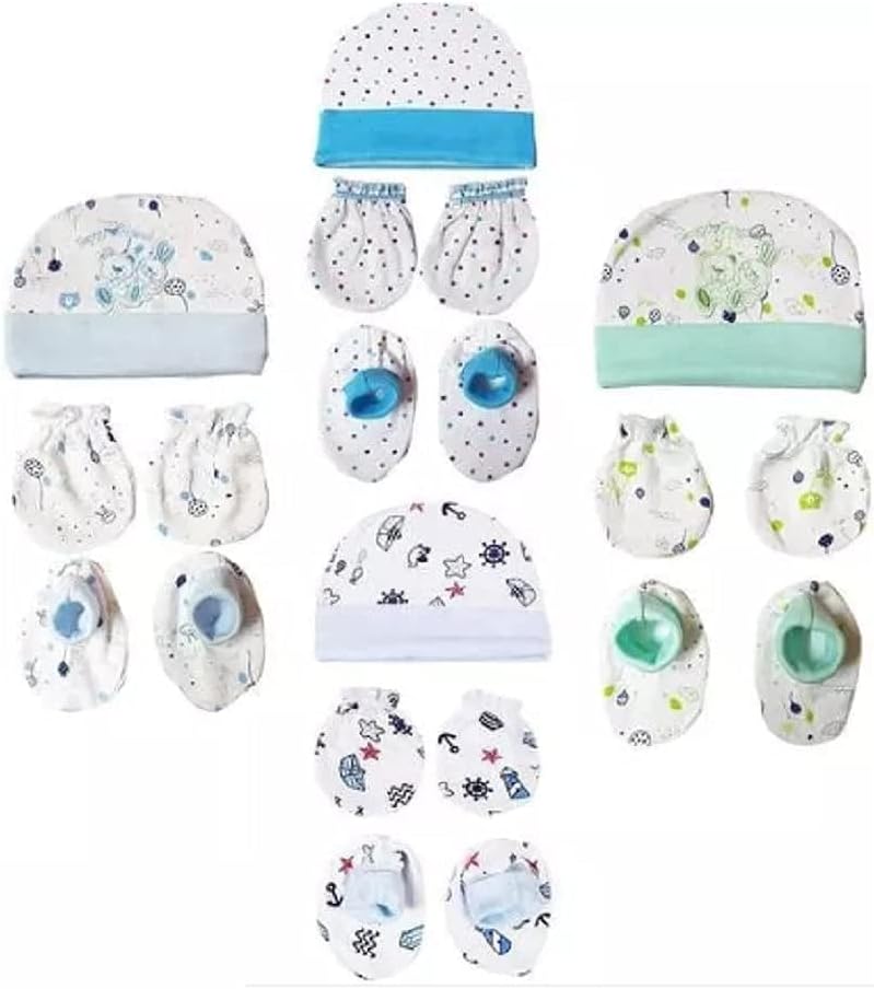 New Born Baby Infant Soft Cotton Mitten Sets with Cap and Booties (Set of 4, Availability Colour May Vary and Print Designs)