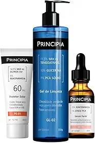 Principia, Kit Anti Oleosidade com um um gel de limpeza com mix de tensoativos + PCA sódio + glicerina, um sérum de niacinamida + zinco pca e um protetor solar fluido antioleosidade com mix de filtros + niacinamida, FPS 60, toque seco e com eficácia contra raios UVA e UVB.