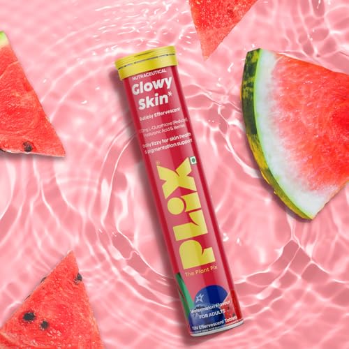 Image of PLIX - THE PLANT FIX Glutathione Effervescent Tablets for Clear, Glowing & Youthful Skin | 500mg Glutathione, Vit E & Hyaluronic Acid | No Maltodextrin, No Sugar | Pack of 180 (12 tabs) | Watermelon