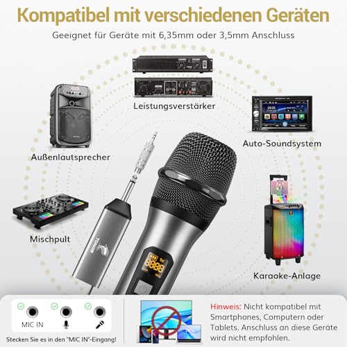 TONOR Wireless Microphone Kabellos, Drahtloses UHF Mikrofon Set für Karaoke 60 m Reichweite, Kabelloses Funk Handmikrofon Dynamisch mit 6,35 Klinke Anschluss für Partybox, DJ, Kirche,TW620, Grau