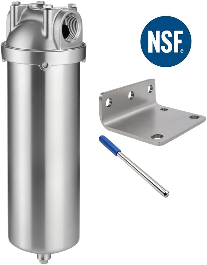 Amwater NSF/ANSI 42 Stainless Steel Whole House Water Filter Housing, 10" x 2.5" Sediment Water Filter System for Heavy Duty, Well & City Water, 3/4" NPT Port, Drain Valve Style C(Square Head)