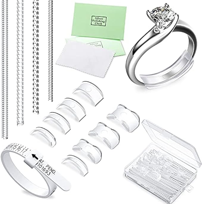 Ring Size Adjuster Set, 2 Styles, 12 Sizes, Ring Size Reducer Spacer Ring Guard Ring Adjuster with Ring Size Measuring Tape, Jewelry Cloth & Organizer (16 pcs)