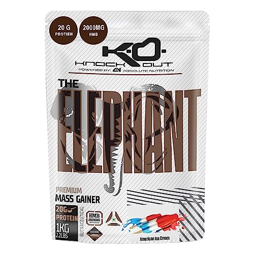 Image of Knockout by Absolute Nutrition Elephant Mass Gainer with Creatine Monohydrate, HMB & Vitamins, Minerals,60g Complex Carbs & 20g Protein per serving (American Ice Cream, Pack of 1 Kg)