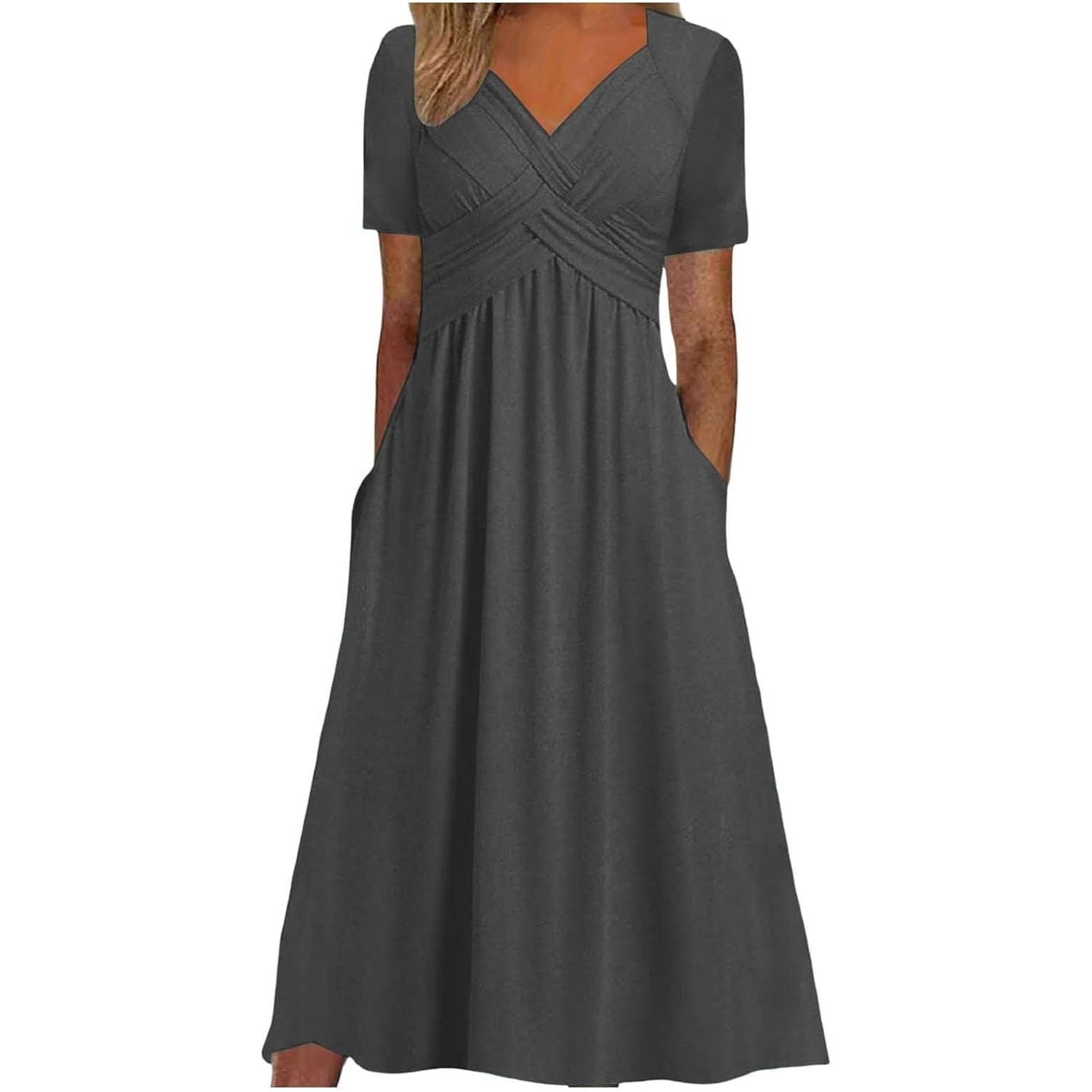 Crisscross Twist Front V Neck Casual Short Sleeve Maxi Dress,Casual Plus Size V-Neck Maxi Dresses,Womens Beach Dresses for Wedding Guest with Pocket (Dark Gray,L)