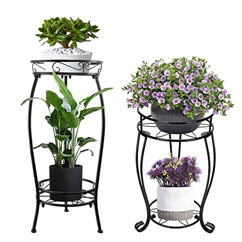2 Pack Metal Plant Stand Indoor Holders-Outdoor Plants Flower Potted Stands Rack For Multiple Plants,Sturdy Iron Pot Round Shelf,Modern And Stylish Decor For Garden Home Yard Patio,2 Different Size #TOP6