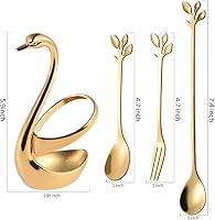 Vista 2 de AnSaw Soporte de base de cisne con 6 cucharas de té de mango largo de hoja dorada de 7.4 pulgadas y 5 cucharas de café pequeñas de 4.7 pulgadas y 5