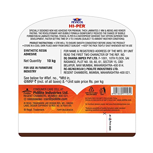 Image of Fevicol Hi-per - High Performance woodworking Adhesive | Anti-bubble, waterproof | Setting time 2hrs | Suits all climatic condition | 10Kg