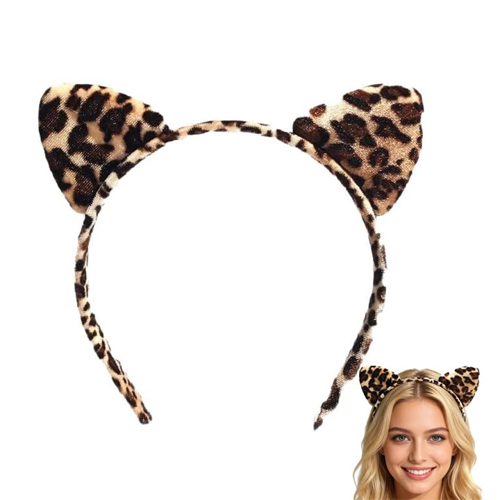 Leopard Print Cat Ear Headband Cute Plush Leopard Headband Soft Furry Animal Ear Hairband Adjustable Band For Halloween Parties Cosplay Festivals and Daily Styling Fashion Hair Accessory For Women