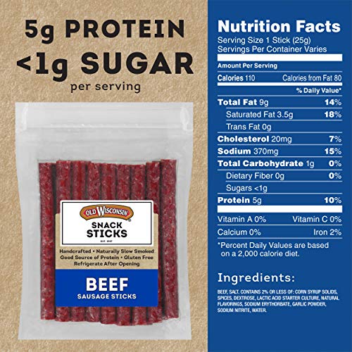 Old Wisconsin Beef Sausage Snack Sticks, Naturally Smoked, Ready To Eat, High Protein, Low Carb, Keto, Gluten Free, 14 Ounce Resealable Package #TOP1