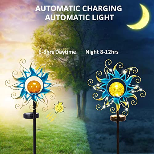 Kacux Solar Garden Metal Sun Lights Decor, Golden Blue Stake Lights Decorative With Vine String Shining Led Lamps Decorative Metal Art Sun Sculpture Crackle Glass Globe Outdoor Lawn Yard Ornament #TOP3