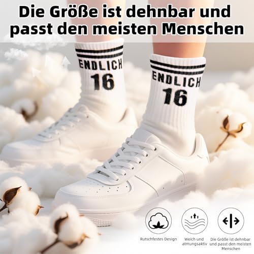 TUZELIYA 16. Geburtstag Geschenk, ENDLICH 16 Geburtstag Junge Baumwolle Socken, Tennissocken Sportsocken, Lustige Geburtstagsgeschenk für Mädchen Junge Schwester Bruder Beste Freundin, Schwarz