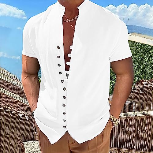 Cotton Linen Shirt Short Sleeve Button up Loose Fit Vintage Shirts Banded Collar High Elastic Tops Henley Shirt2